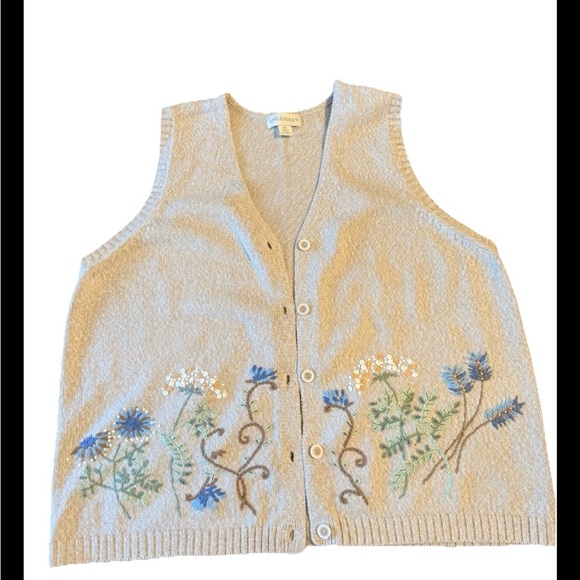 Appleseed's Sweaters - Vintage Appleseed tan floral embroidered cotton sweater Vest cottagecore SzXL